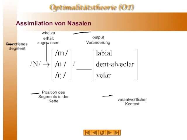 Assimilation von Nasalen Betroffenes Segment output Veränderung Position des Segments in der Kette verantwortlicher Kontext