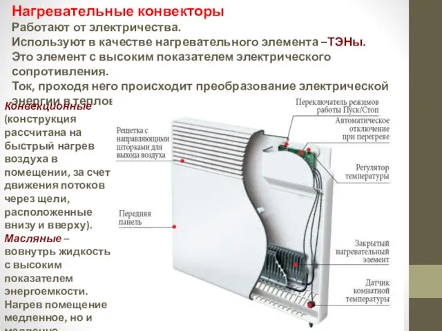 Нагревательные конвекторы Работают от электричества. Используют в качестве нагревательного элемента –ТЭНы.