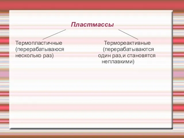 Пластмассы Термопластичные Термореактивные (перерабатываюся (перерабатываются несколько раз) один раз,и становятся неплавкими)