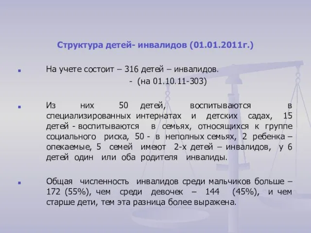 Структура детей- инвалидов (01.01.2011г.) На учете состоит – 316 детей –