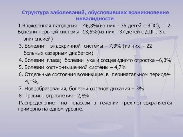 Структура заболеваний, обусловивших возникновение инвалидности 1.Врожденная патология – 46,8%(из них -