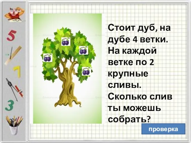 Стоит дуб, на дубе 4 ветки. На каждой ветке по 2