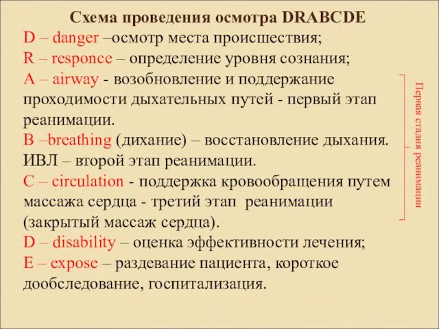 Схема проведения осмотра DRABCDE D – danger –осмотр места происшествия; R