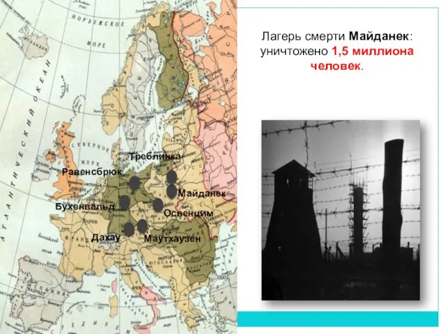 Дахау Бухенвальд Освенцим Майданек Треблинка Равенсбрюк Маутхаузен Лагерь смерти Майданек: уничтожено 1,5 миллиона человек.