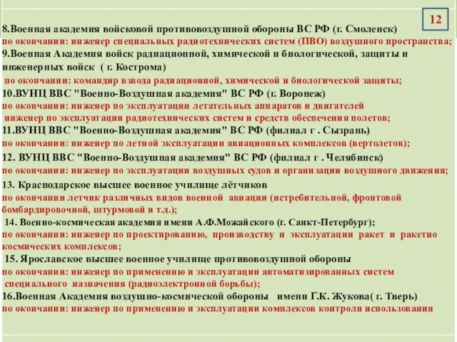 Военные образовательные организаций высшего профессионального образования Сухопутных войск МО РФ . 12