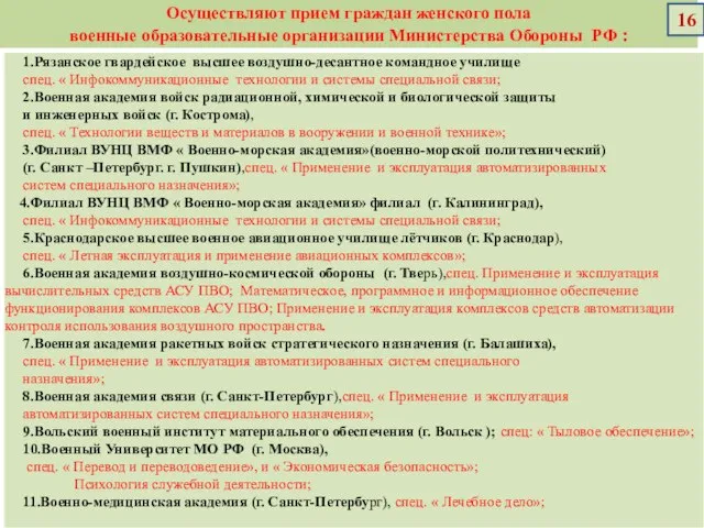 Осуществляют прием граждан женского пола военные образовательные организации Министерства Обороны РФ : 16