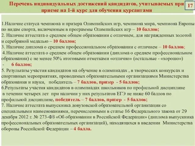 Перечень индивидуальных достижений кандидатов, учитываемых при приеме на 1-й курс для обучения курсантами 17