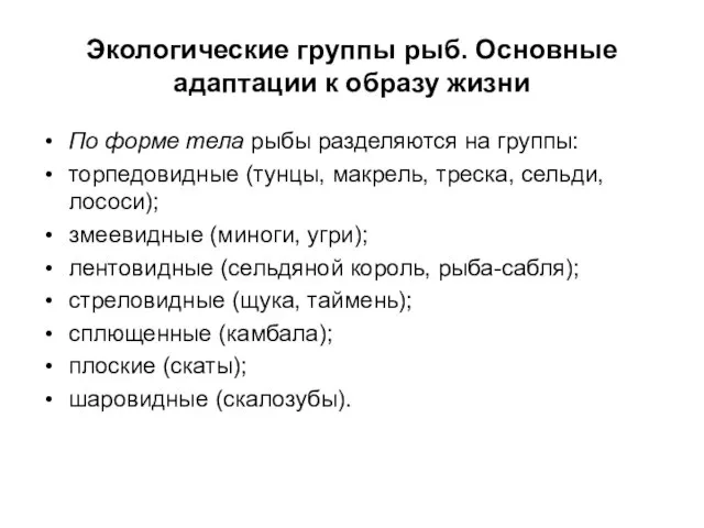 Экологические группы рыб. Основные адаптации к образу жизни По форме тела