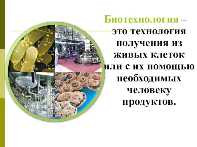 Биотехнология – это технология получения из живых клеток или с их помощью необходимых человеку продуктов.