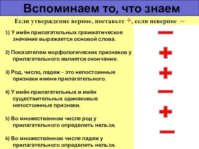 Вспоминаем то, что знаем Если утверждение верное, поставьте +, если неверное