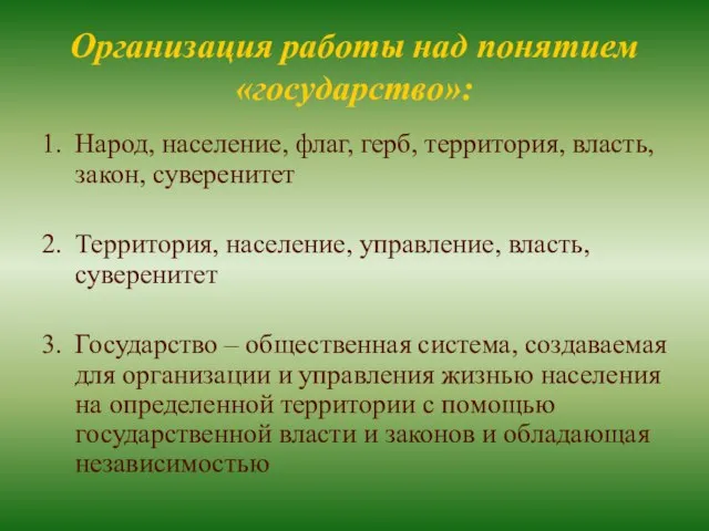 Организация работы над понятием «государство»: Народ, население, флаг, герб, территория, власть,