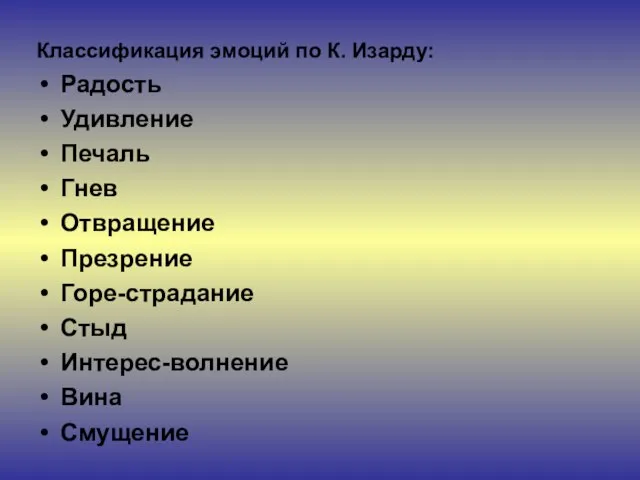 Классификация эмоций по К. Изарду: Радость Удивление Печаль Гнев Отвращение Презрение Горе-страдание Стыд Интерес-волнение Вина Смущение