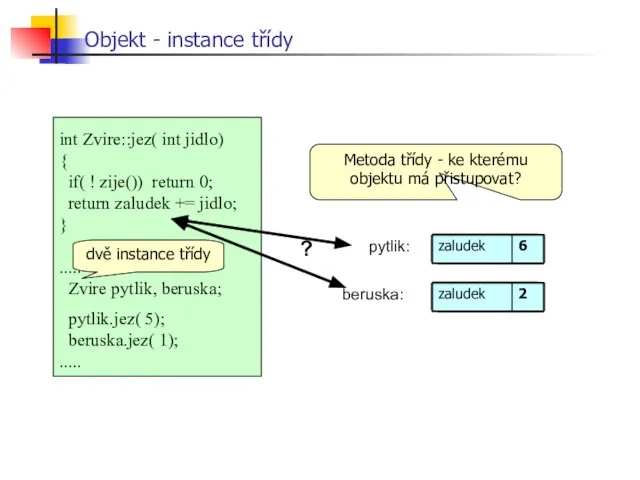 Objekt - instance třídy pytlik: beruska: ? Metoda třídy - ke kterému objektu má přistupovat?