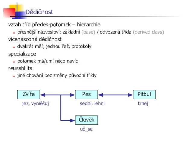 vztah tříd předek-potomek – hierarchie přesnější názvosloví: základní (base) / odvozená