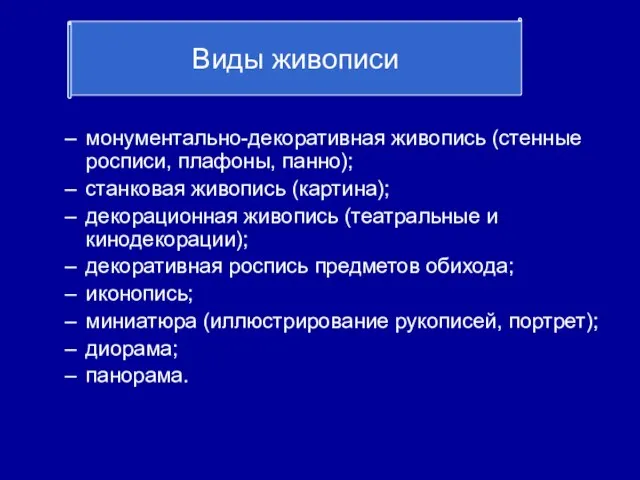 монументально-декоративная живопись (стенные росписи, плафоны, панно); станковая живопись (картина); декорационная живопись