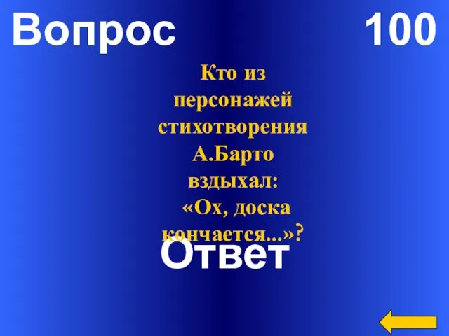 Вопрос 100 Ответ Кто из персонажей стихотворения А.Барто вздыхал: «Ох, доска кончается…»?