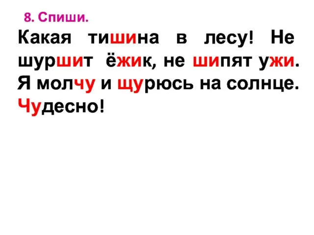 8. Спиши. Какая тишина в лесу! Не шуршит ёжик, не шипят