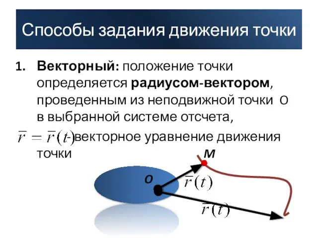 Векторный: положение точки определяется радиусом-вектором, проведенным из неподвижной точки O в