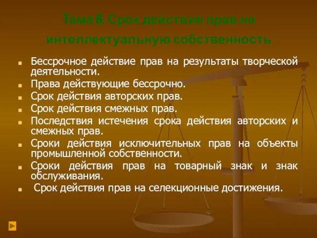 Тема 6. Срок действия прав на интеллектуальную собственность Бессрочное действие прав