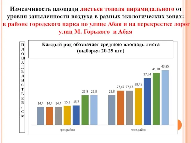 ПЛОЩАДЬ ЛИСТЬЕВ/СМ Каждый ряд обозначает среднюю площадь листа (выборка 20-25 шт.)