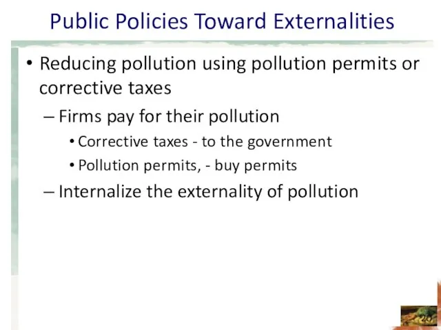 Public Policies Toward Externalities Reducing pollution using pollution permits or corrective