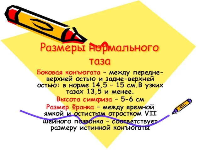 Размеры нормального таза Боковая конъюгата – между передне-верхней остью и задне-верхней