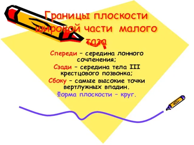 Границы плоскости широкой части малого таза Спереди – середина лонного сочленения;