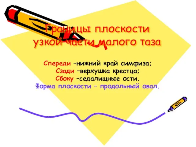 Границы плоскости узкой части малого таза Спереди –нижний край симфиза; Сзади