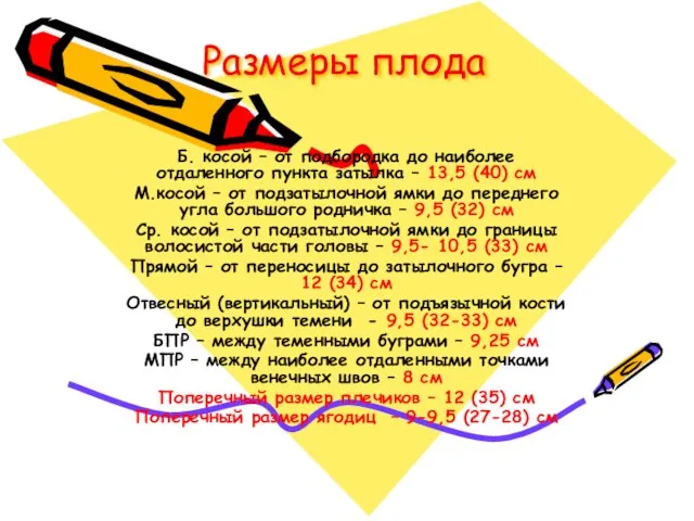 Размеры плода Б. косой – от подбородка до наиболее отдаленного пункта