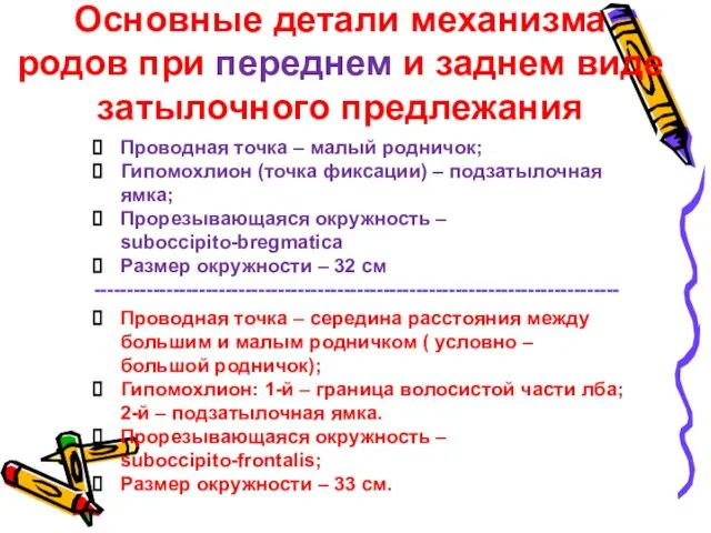 Основные детали механизма родов при переднем и заднем виде затылочного предлежания