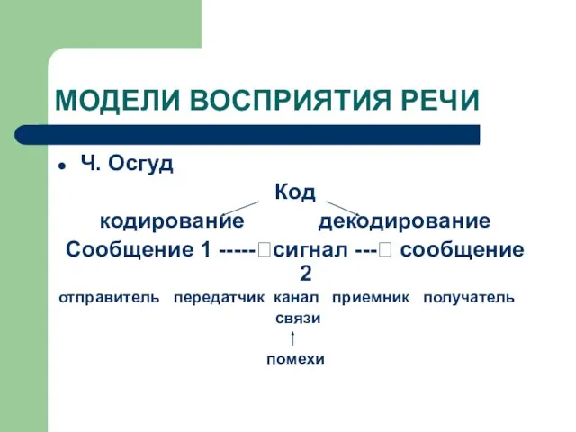 МОДЕЛИ ВОСПРИЯТИЯ РЕЧИ Ч. Осгуд Код кодирование декодирование Сообщение 1 -----?сигнал