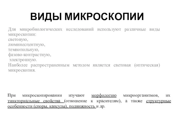 ВИДЫ МИКРОСКОПИИ Для микробиологических исследований используют различные виды микроскопии: световую, люминесцентную,