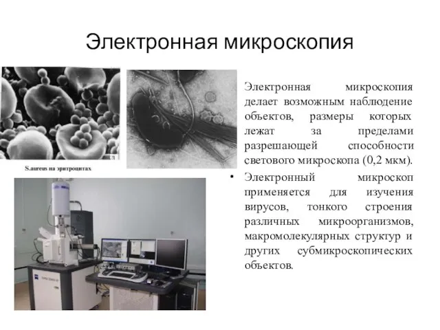 Электронная микроскопия Электронная микроскопия делает возможным наблюдение объектов, размеры которых лежат