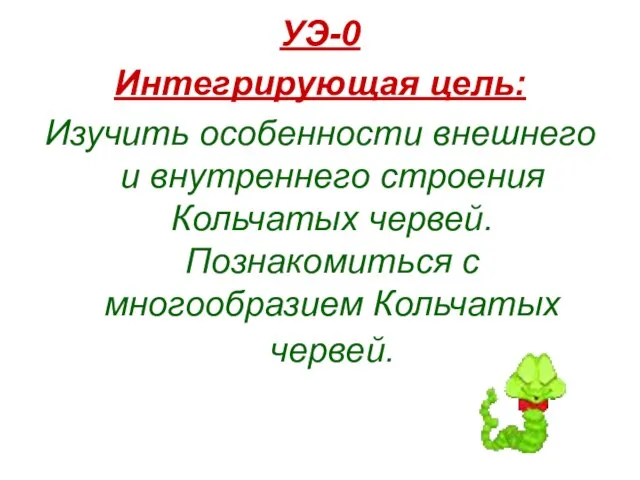 УЭ-0 Интегрирующая цель: Изучить особенности внешнего и внутреннего строения Кольчатых червей. Познакомиться с многообразием Кольчатых червей.