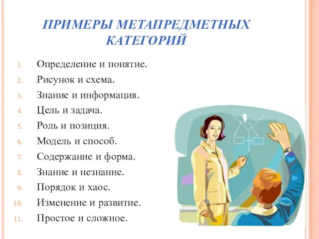 ПРИМЕРЫ МЕТАПРЕДМЕТНЫХ КАТЕГОРИЙ Определение и понятие. Рисунок и схема. Знание и