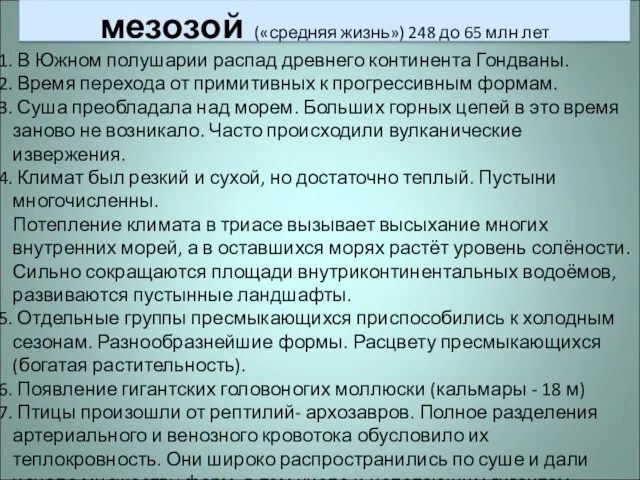 мезозой («средняя жизнь») 248 до 65 млн лет В Южном полушарии