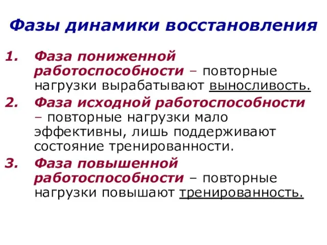 Фазы динамики восстановления Фаза пониженной работоспособности – повторные нагрузки вырабатывают выносливость.