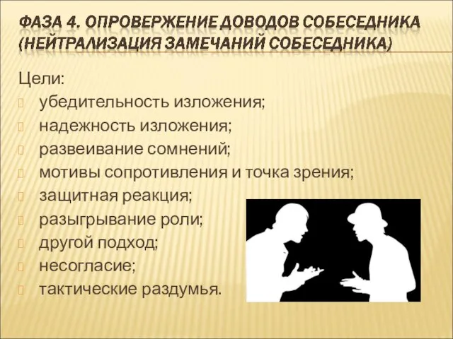 Цели: убедительность изложения; надежность изложения; развеивание сомнений; мотивы сопротивления и точка