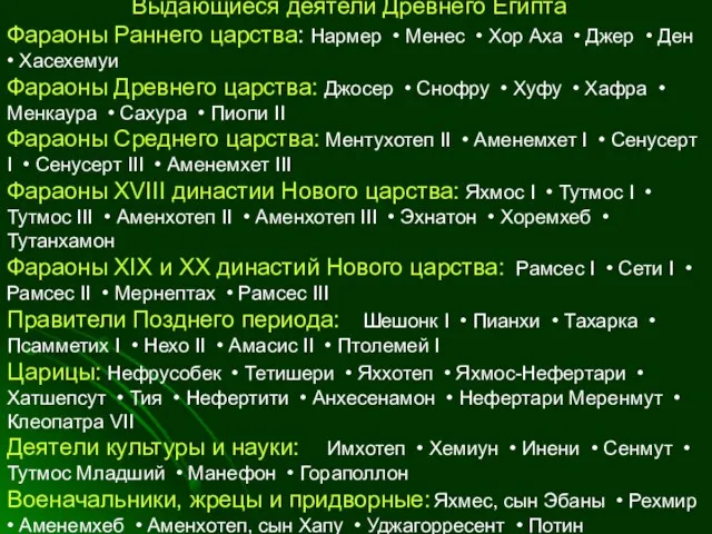 Выдающиеся деятели Древнего Египта Фараоны Раннего царства: Нармер • Менес •