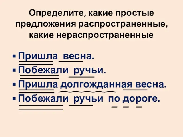 Определите, какие простые предложения распространенные, какие нераспространенные Пришла весна. Побежали ручьи.