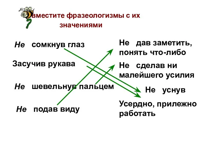 Засучив рукава Не Не Не Совместите фразеологизмы с их значениями сомкнув