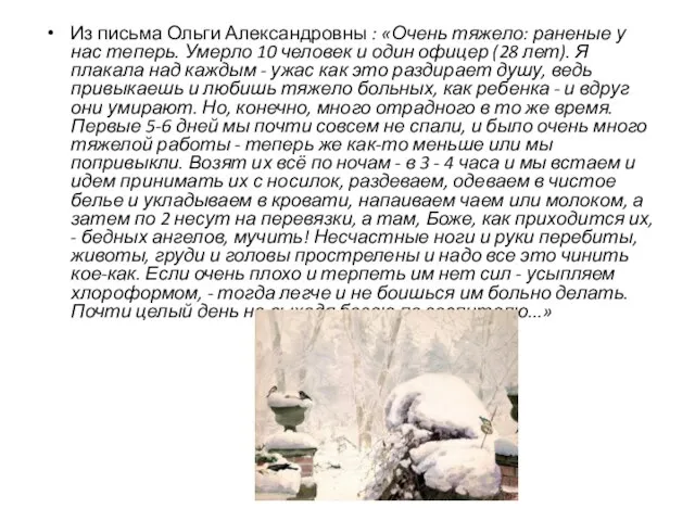 Из письма Ольги Александровны : «Очень тяжело: раненые у нас теперь.