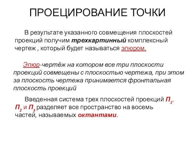 ПРОЕЦИРОВАНИЕ ТОЧКИ В результате указанного совмещения плоскостей проекций получим трехкартинный комплексный