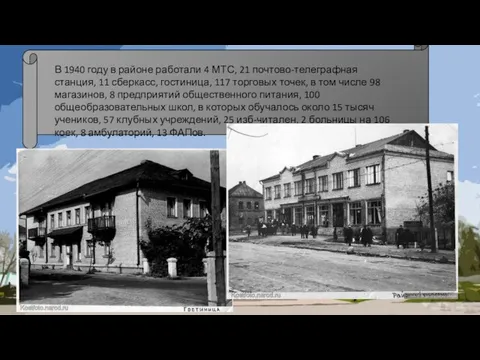 В 1940 году в районе работали 4 МТС, 21 почтово-телеграфная станция,