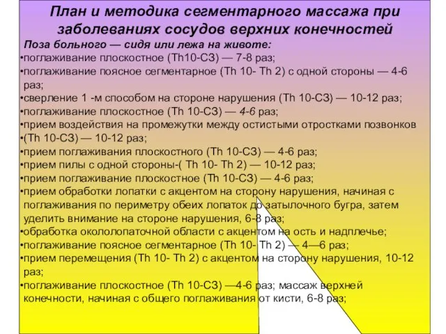 План и методика сегментарного массажа при заболеваниях сосудов верхних конечностей Поза