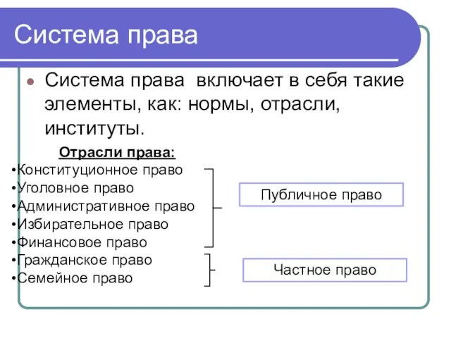 Система права Система права включает в себя такие элементы, как: нормы,