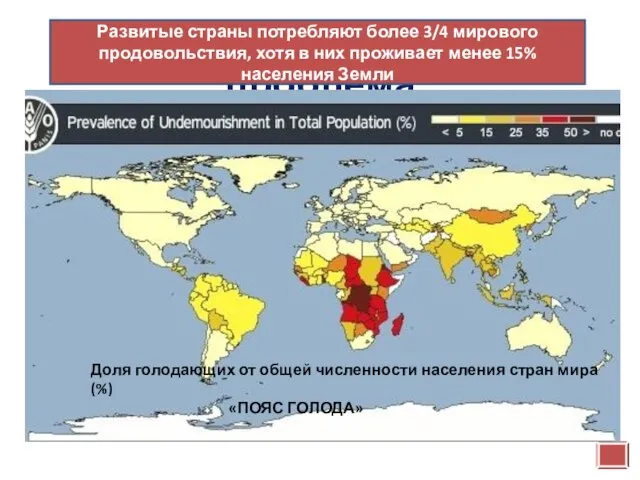 Продовольственная проблема Развитые страны потребляют более 3/4 мирового продовольствия, хотя в