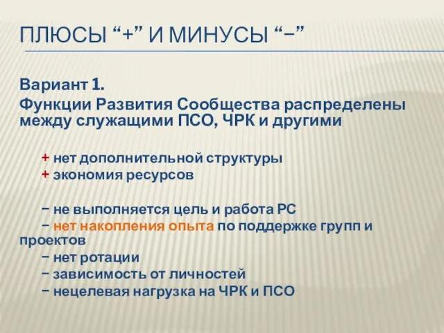 ПЛЮСЫ “+” И МИНУСЫ “−” Вариант 1. Функции Развития Сообщества распределены