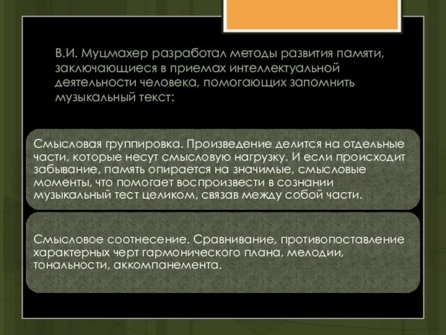 В.И. Муцмахер разработал методы развития памяти, заключающиеся в приемах интеллектуальной деятельности человека, помогающих запомнить музыкальный текст: