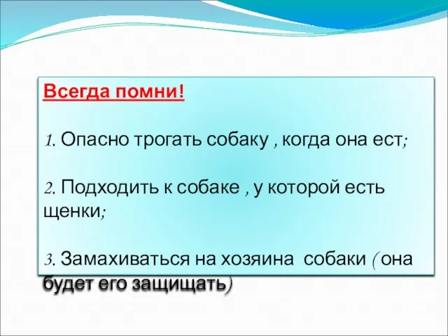 Всегда помни! 1. Опасно трогать собаку , когда она ест; 2.